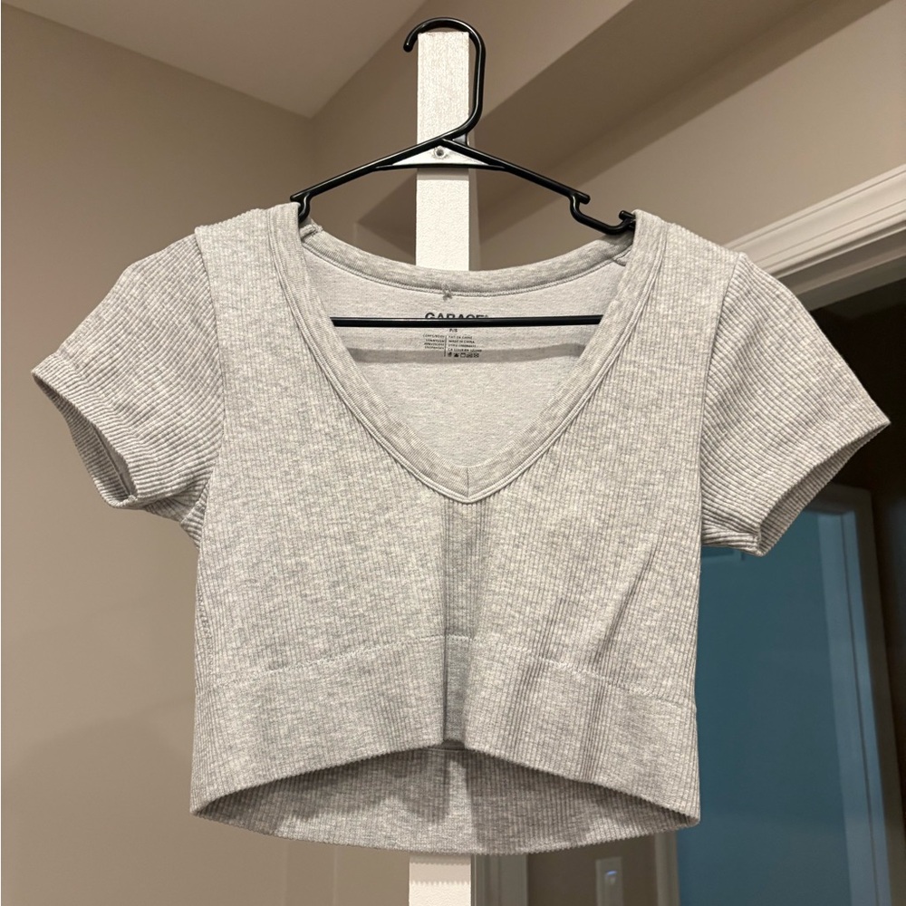 Gray Ribbed Crop Top V neck from garage